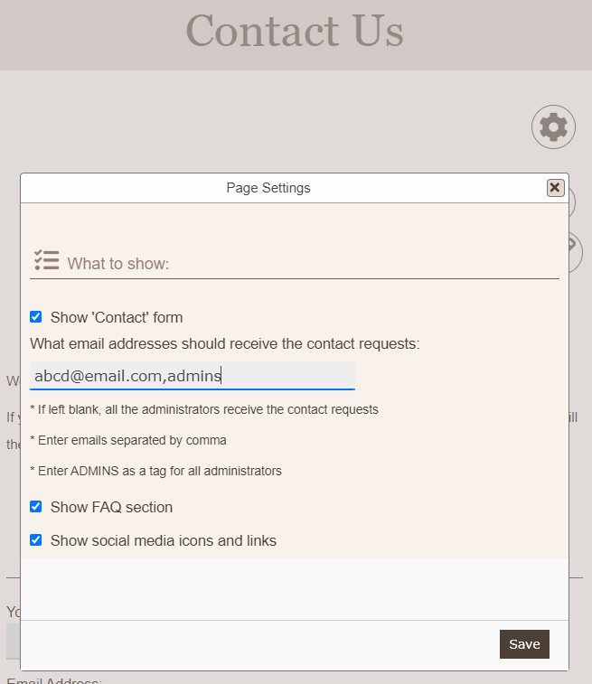 Contact us page settings